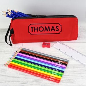 Red Pencil Case with Pencils & Crayons