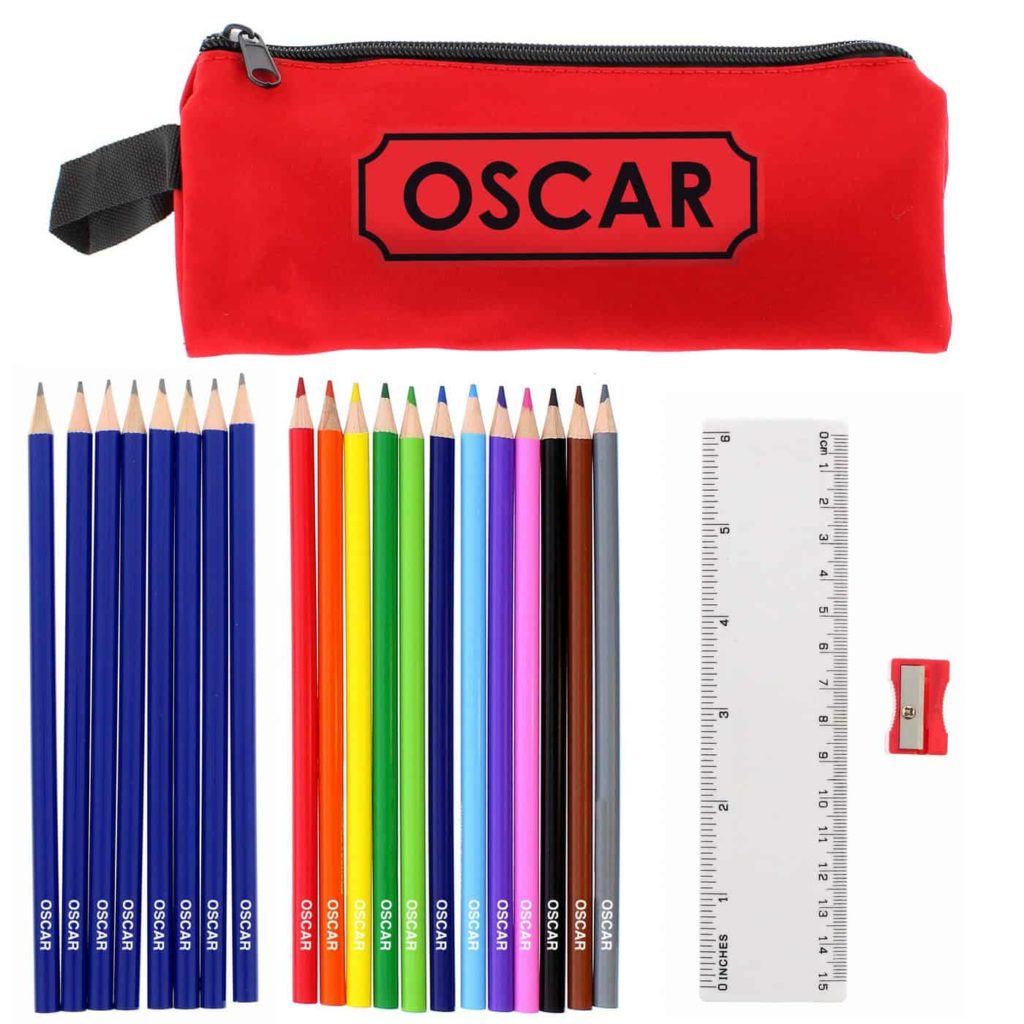 Red Pencil Case with Pencils & Crayons