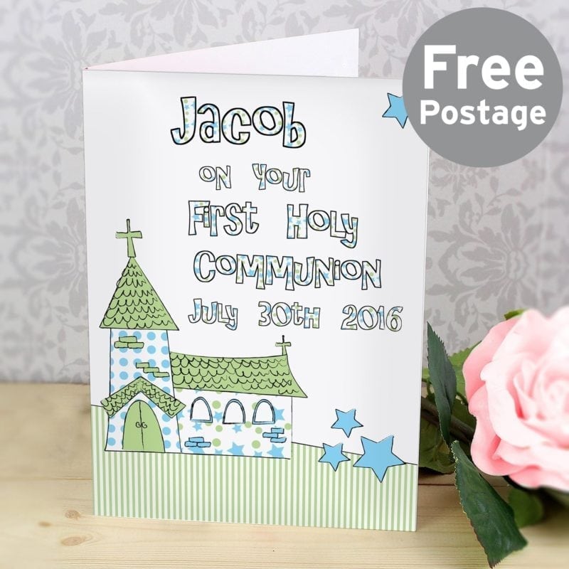 Personalised Whimsical Church Blue 1st Holy Communion Card