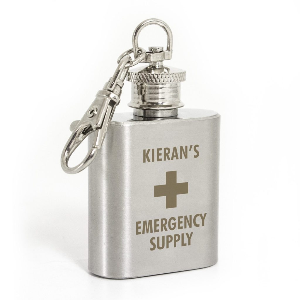 Personalised Emergency Supply 1oz Stainless Steel Hip Flask Keyring
