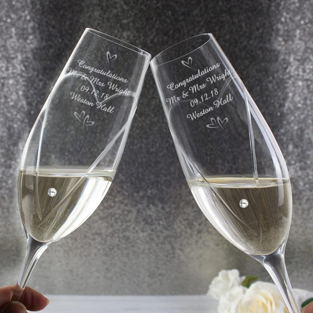 Personalised Hand Cut Little Hearts Pair of Flutes with Swarovski Elements with Gift Box