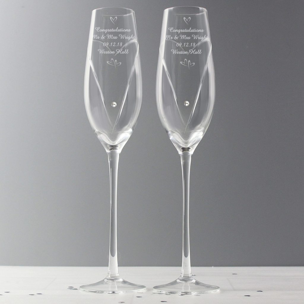 Personalised Hand Cut Little Hearts Pair of Flutes with Swarovski Elements with Gift Box