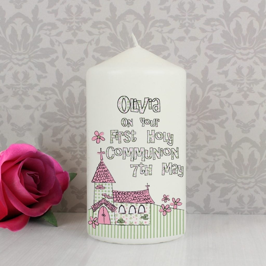 Personalised Whimsical Church Pink 1st Holy Communion Candle