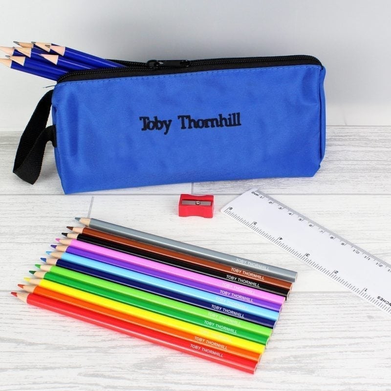 Blue Pencil Case with Personalised Pencils & Crayons