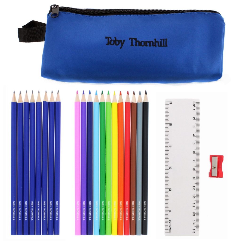 Blue Pencil Case with Personalised Pencils & Crayons