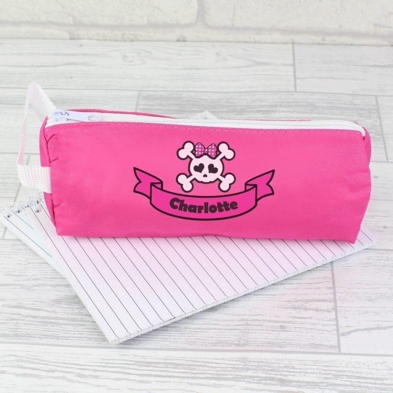 Personalised Pink Girls Skull & Cross Bone Pencil Case