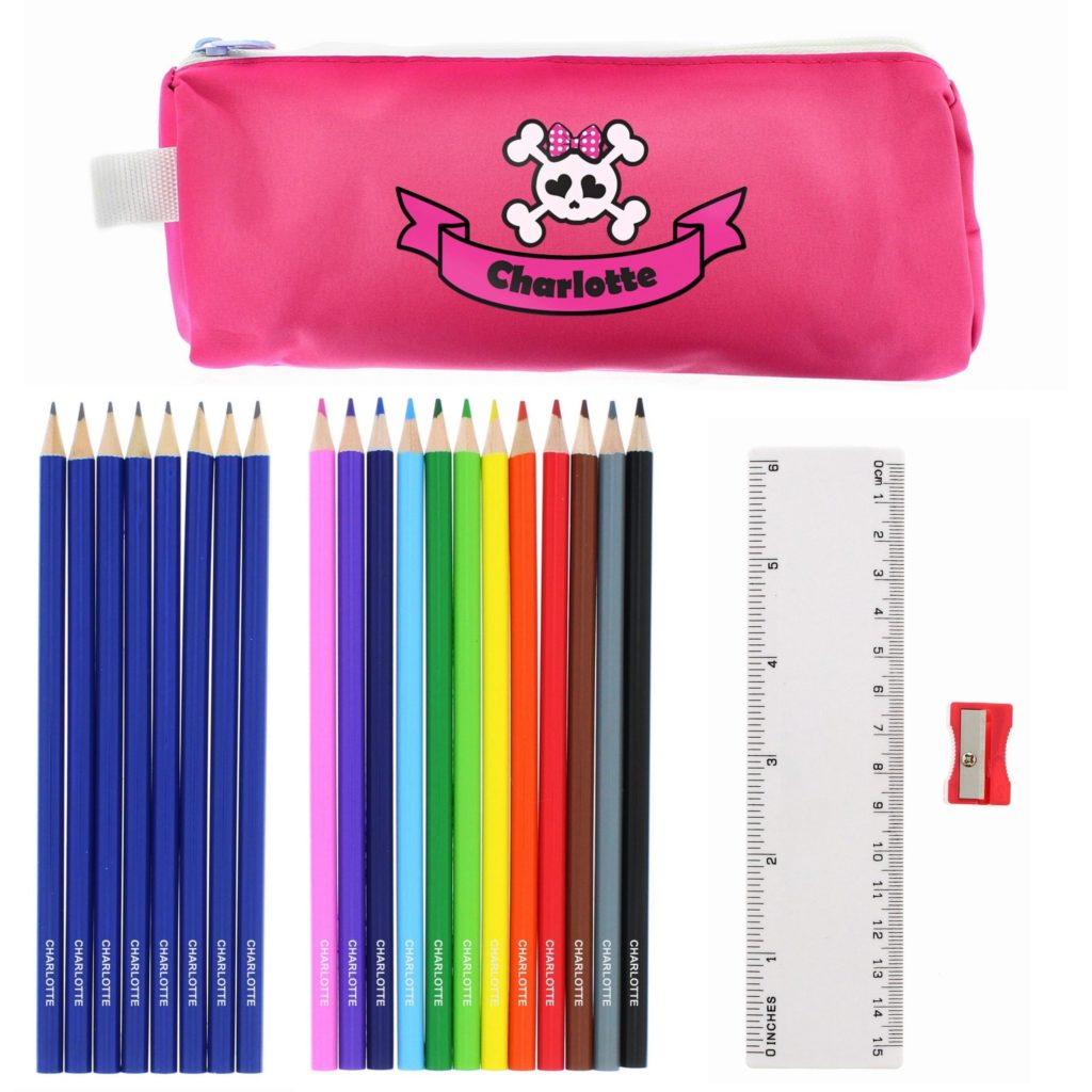 Pink Skull Pencil Case with Personalised Pencils & Crayons