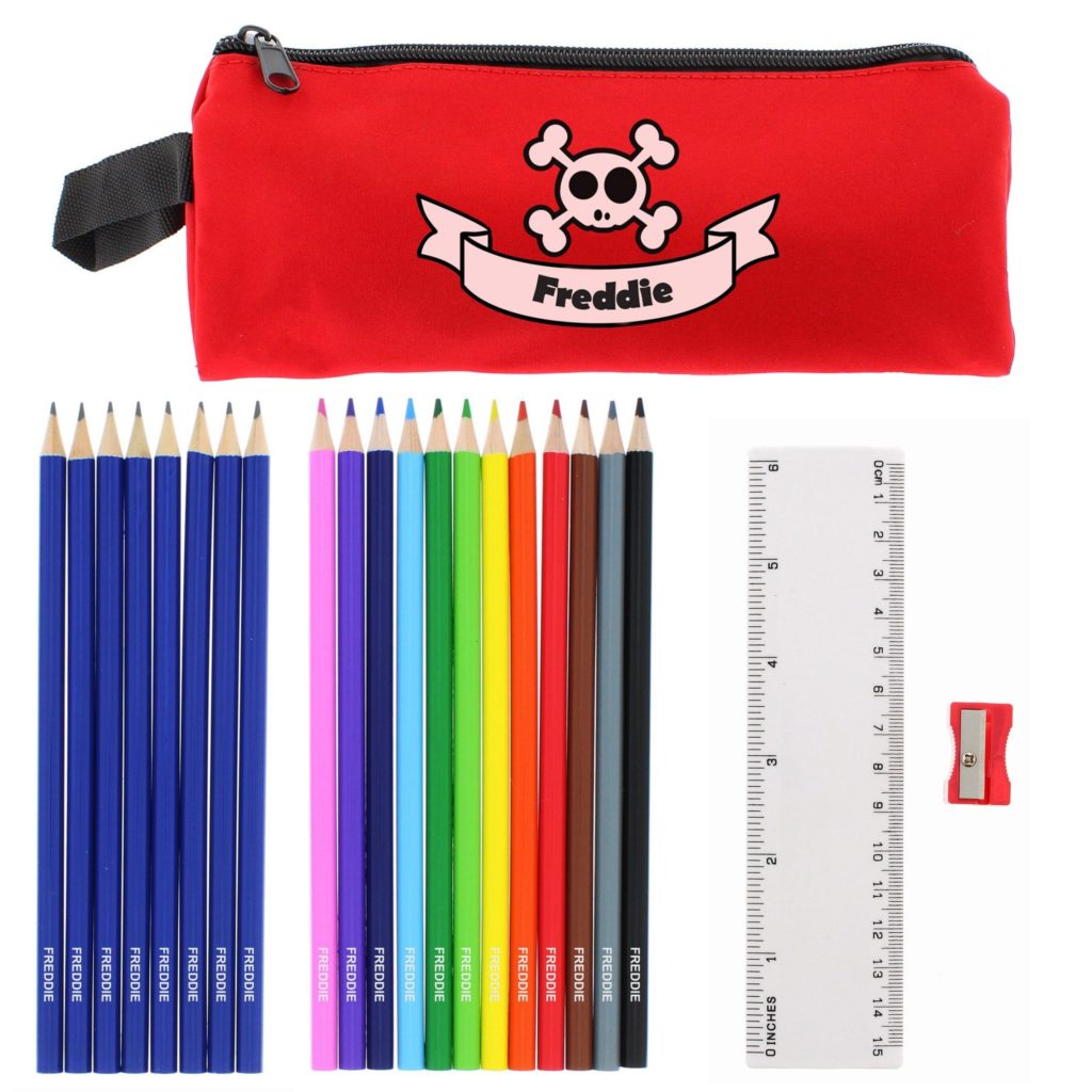 Red Skull Pencil Case with Personalised Pencils & Crayons