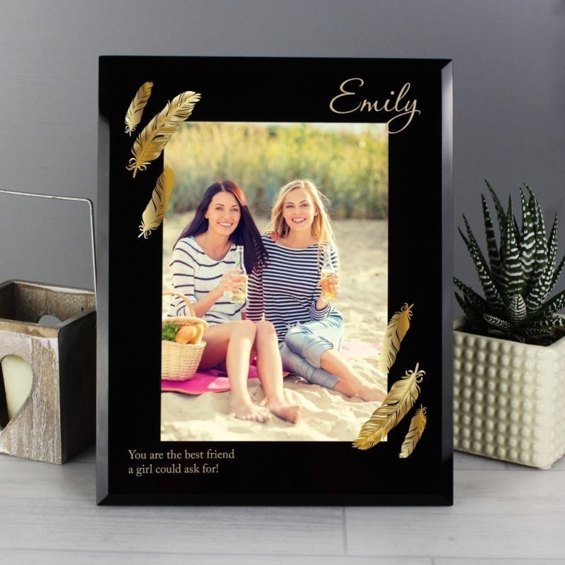 Personalised Golden Feather 5x7 Black Glass Photo Frame