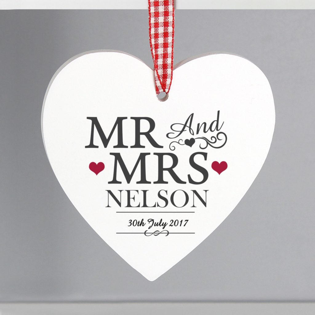 Personalised Mr & Mrs Wooden Heart Decoration