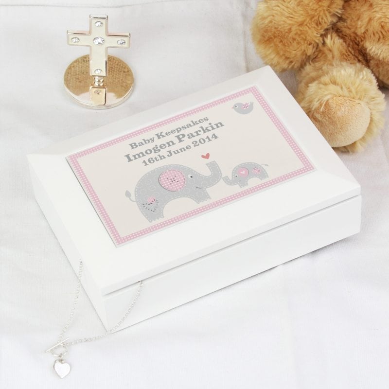 Personalised Pink Baby Elephant White Wooden Keepsake Box