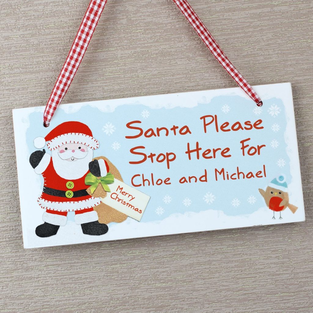 Personalised Felt Stitch Santa Stop Here Wooden Sign