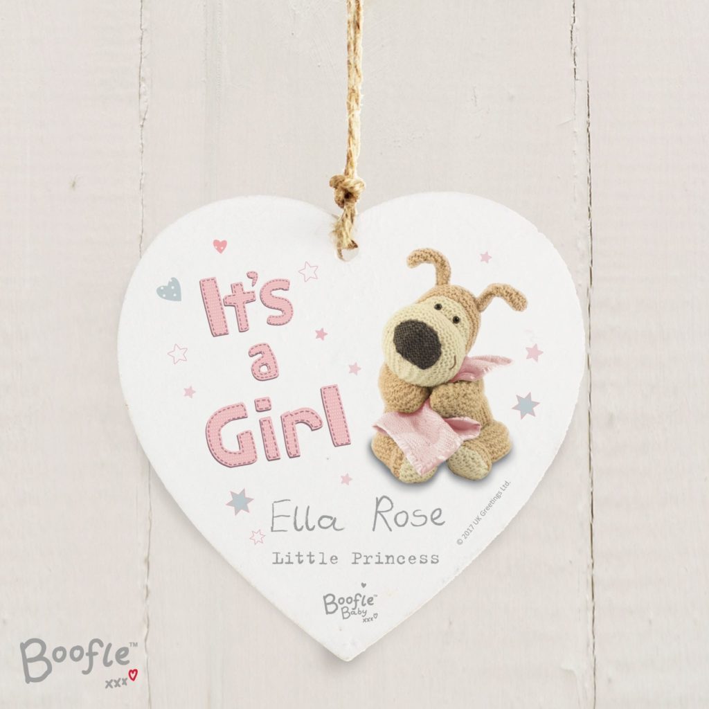 Personalised Boofle It's a Girl Wooden Heart Decoration