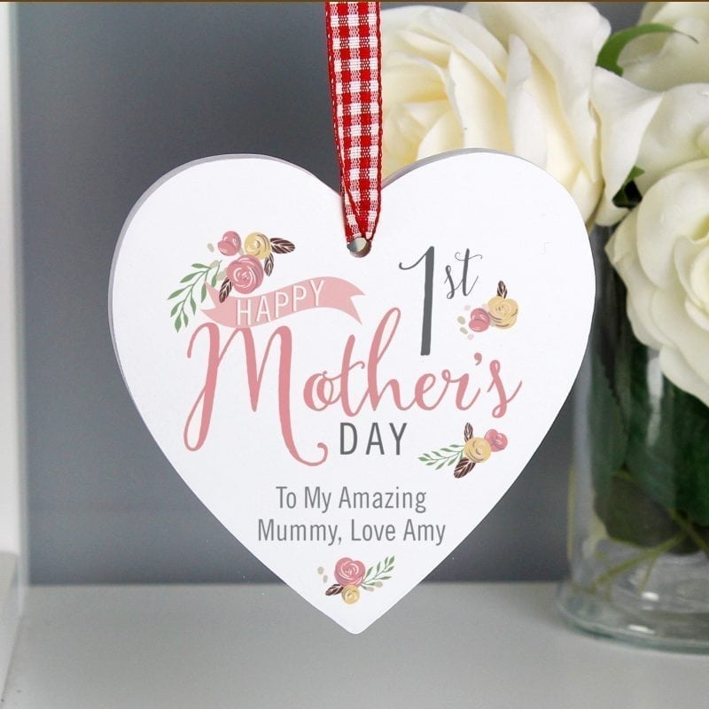 Personalised Floral Bouquet 1st Mothers Day Wooden Heart Decoration