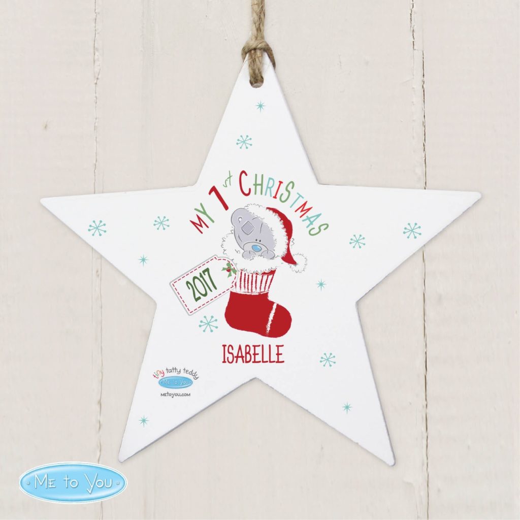 Personalised Tiny Tatty Teddy My 1st Christmas Stocking Wooden Star Decoration