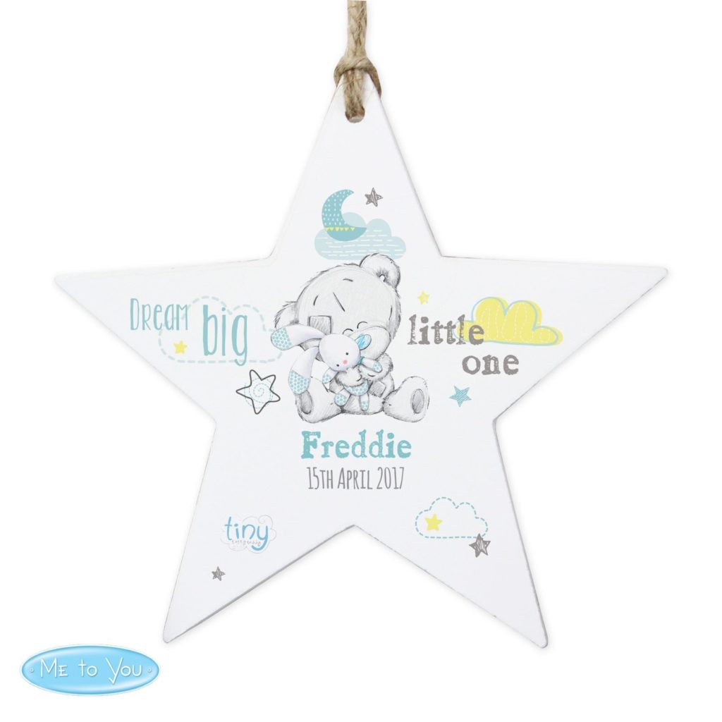 Personalised Tiny Tatty Teddy Dream Big Blue Wooden Star Decoration