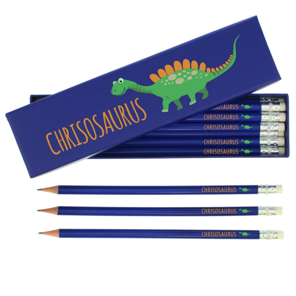 Personalised Dinosaur Box of 12 Blue HB Pencils