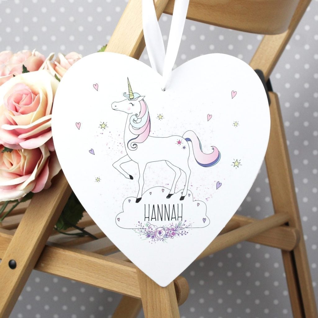 Personalised Unicorn Large Wooden Heart Decoration