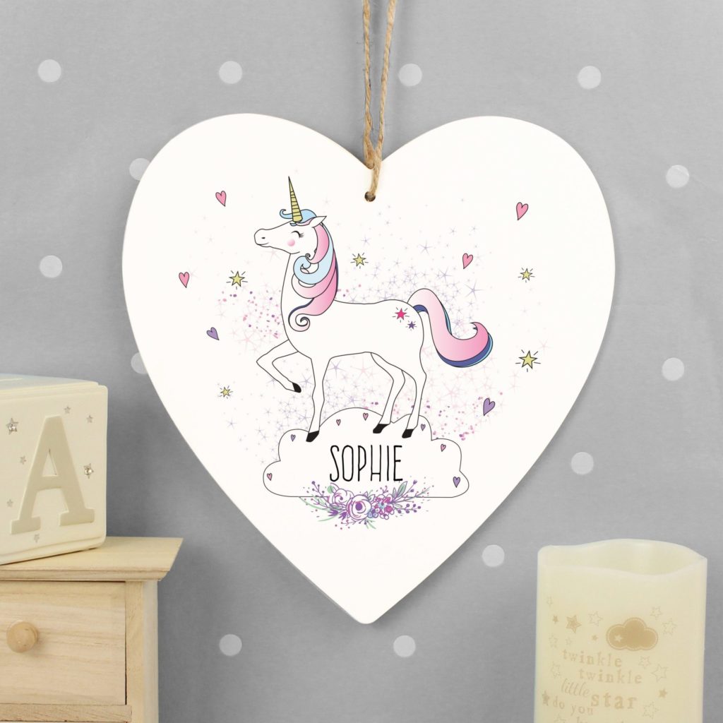 Personalised Unicorn Large Wooden Heart Decoration