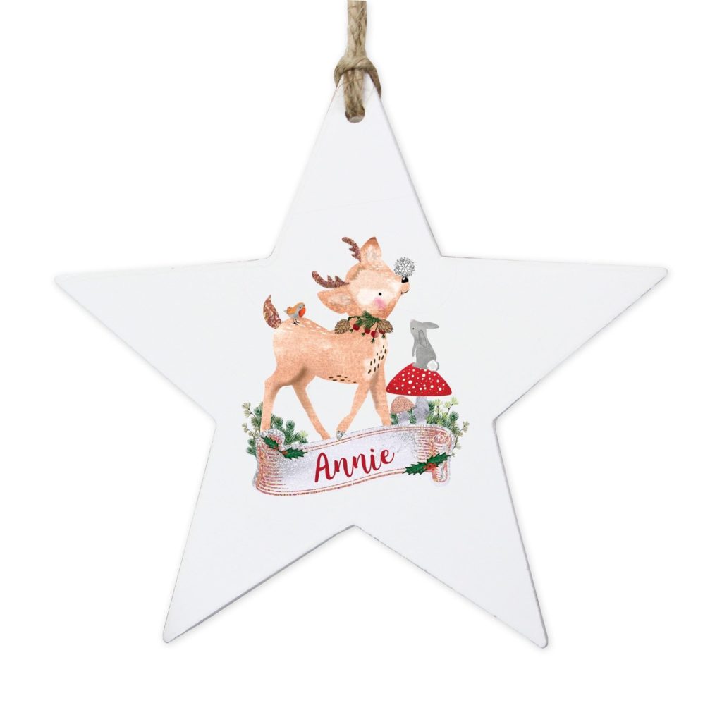 Personalised Festive Fawn Wooden Star Decoration
