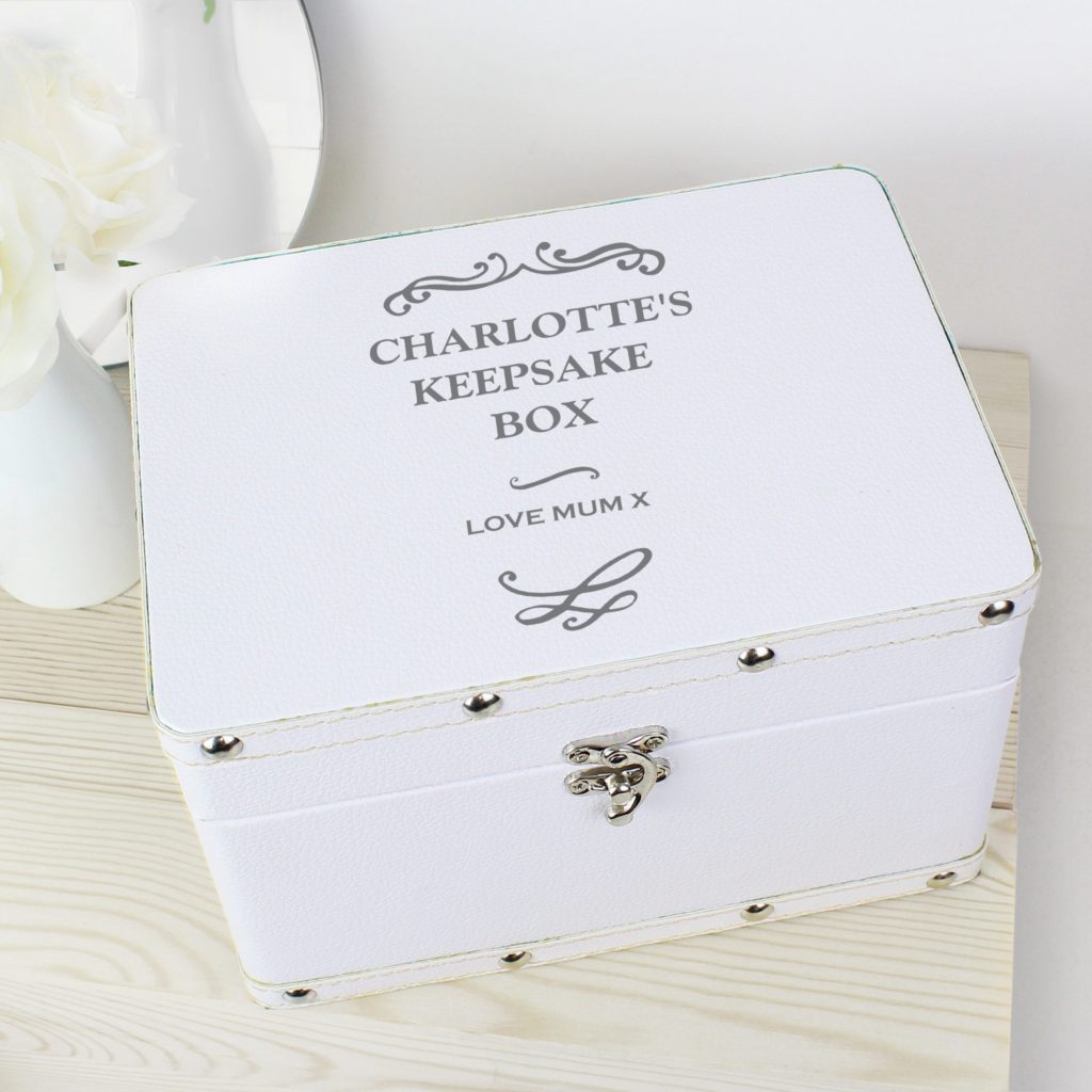 Personalised Antique Scroll White Leatherette Keepsake Box