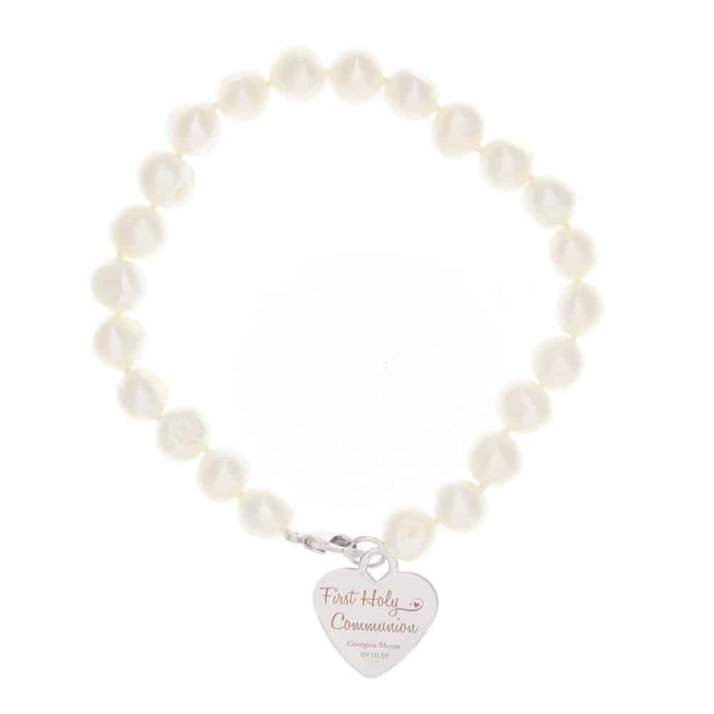 First Holy Communion Swirls & Hearts White Freshwater Pearl Bracelet