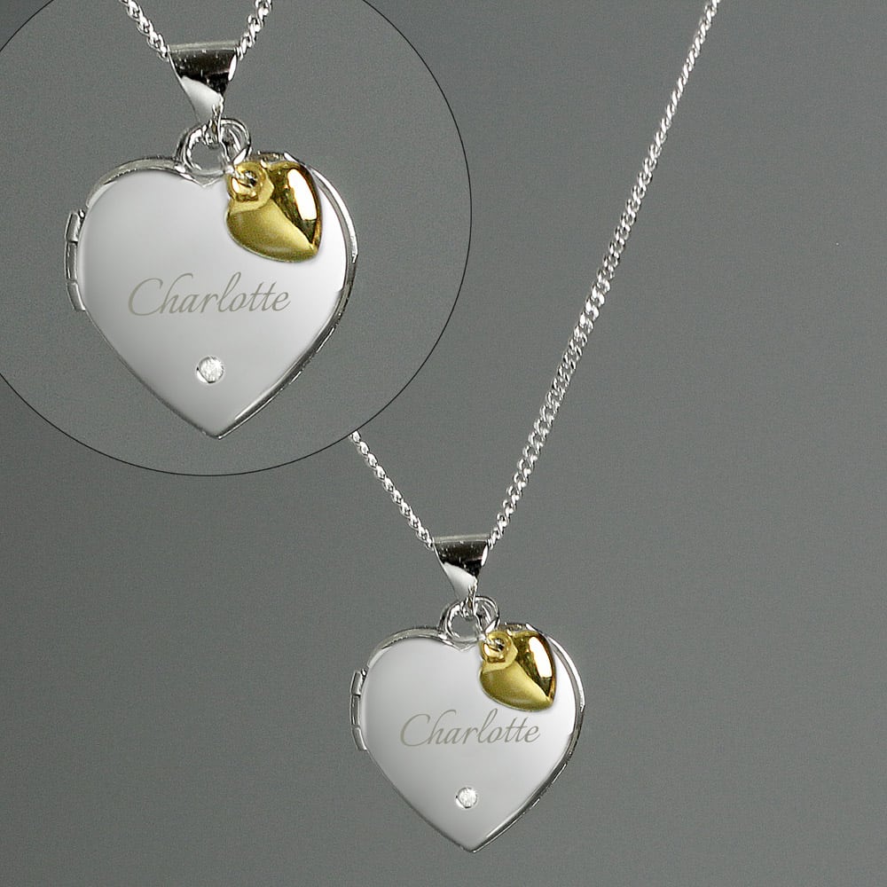Sterling Silver Heart Locket Necklace with Diamond and 9ct Gold Charm