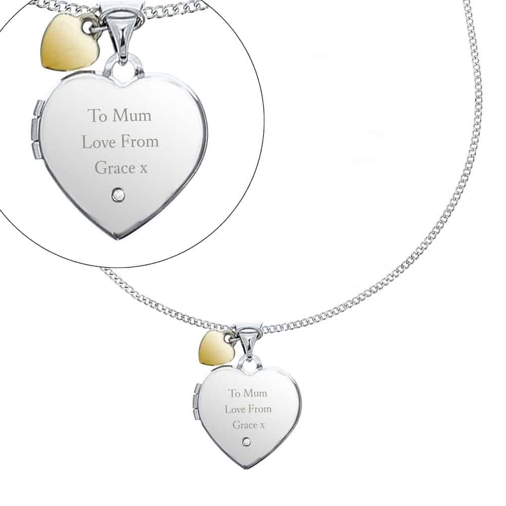 Sterling Silver Heart Locket Necklace with Diamond and 9ct Gold Charm