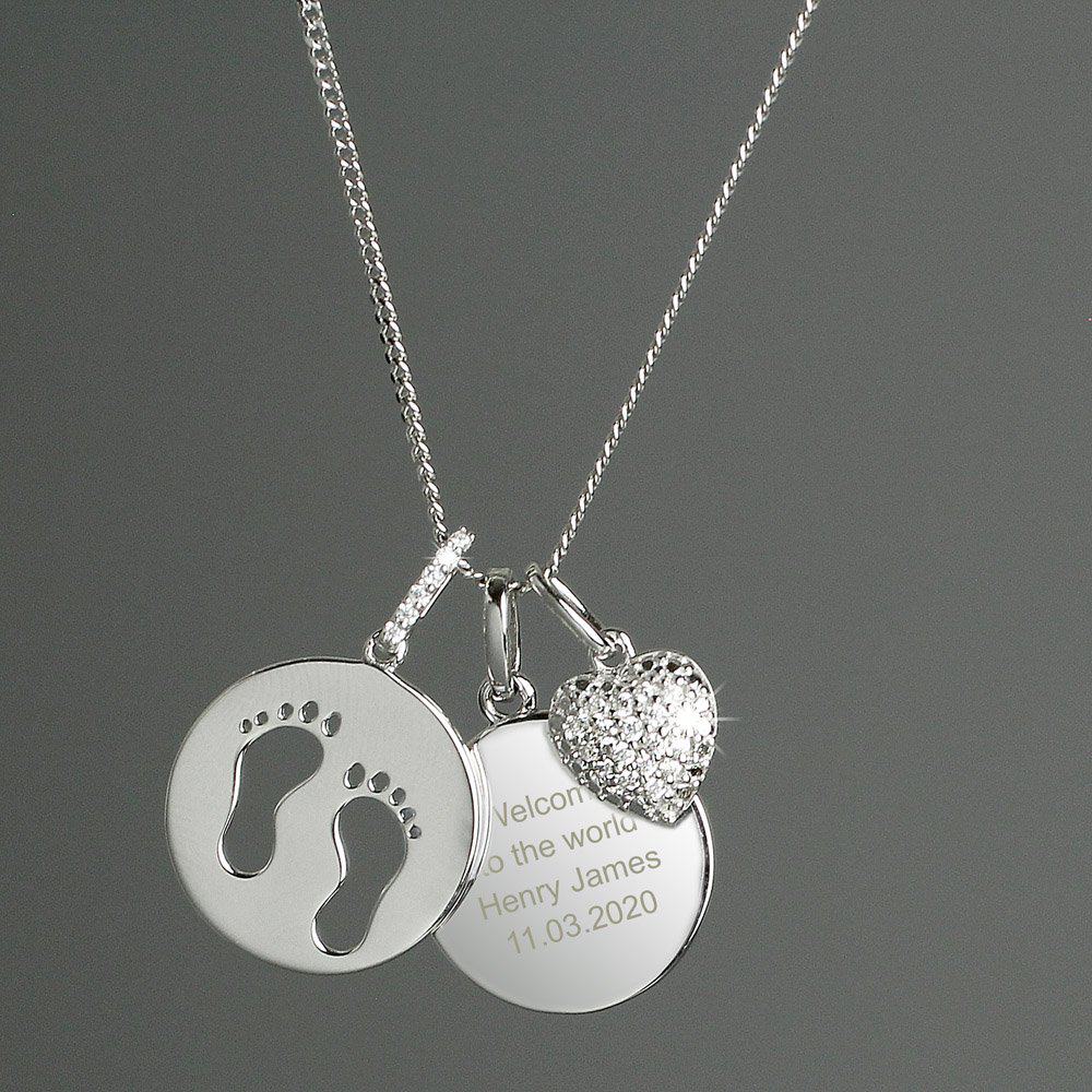 Sterling Silver Footprints and Cubic Zirconia Heart Necklace