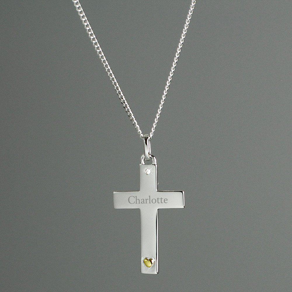 Sterling Silver Cross with 9ct Gold Heart & CZ Necklace