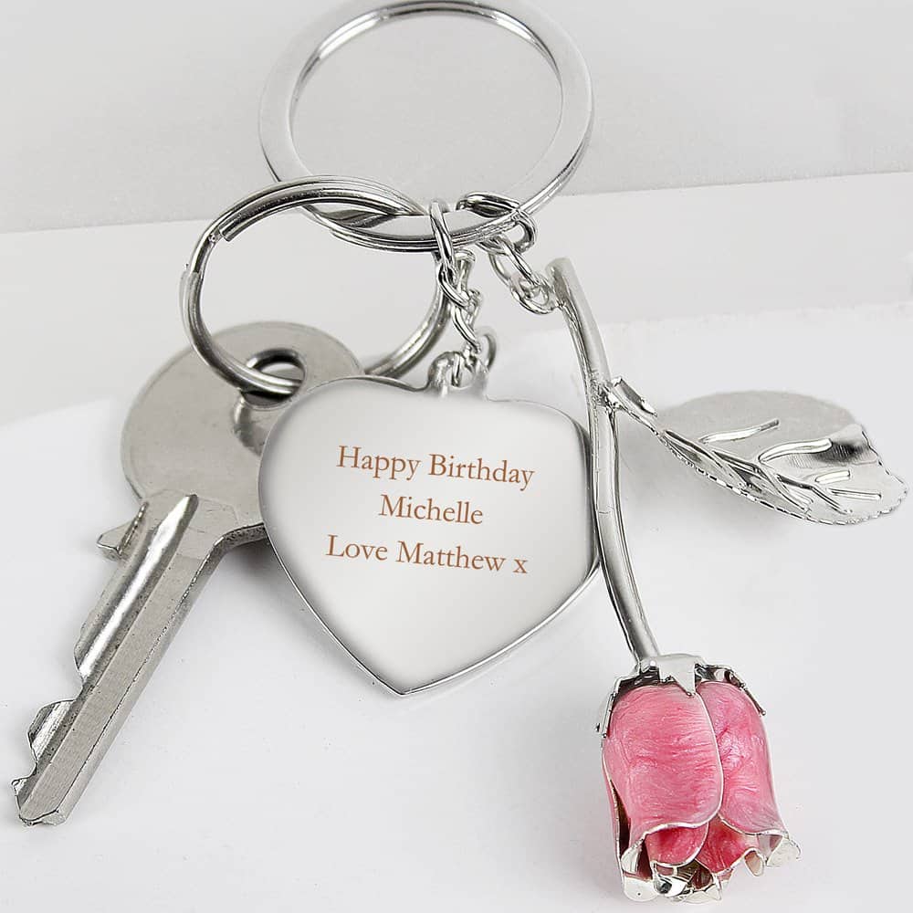 Silver Plated Pink Rose Keyring