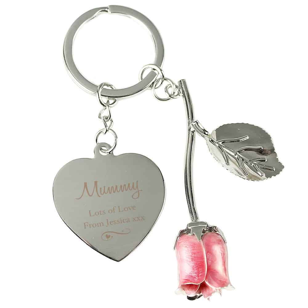 Silver Plated Swirls & Hearts Pink Rose Keyring
