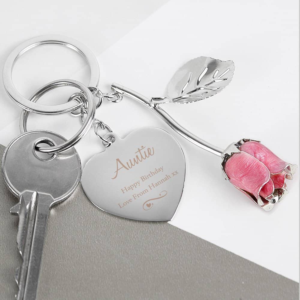 Silver Plated Swirls & Hearts Pink Rose Keyring