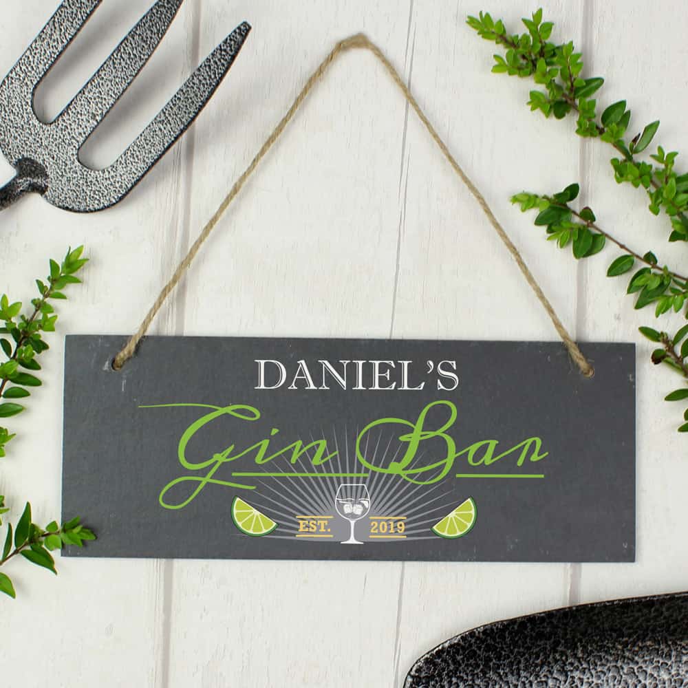 ""Gin Bar"" Printed Hanging Slate Plaque