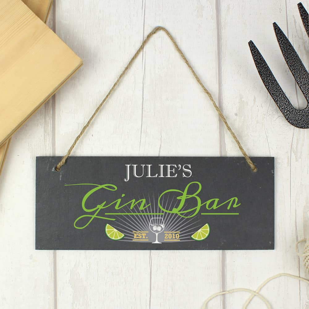 ""Gin Bar"" Printed Hanging Slate Plaque