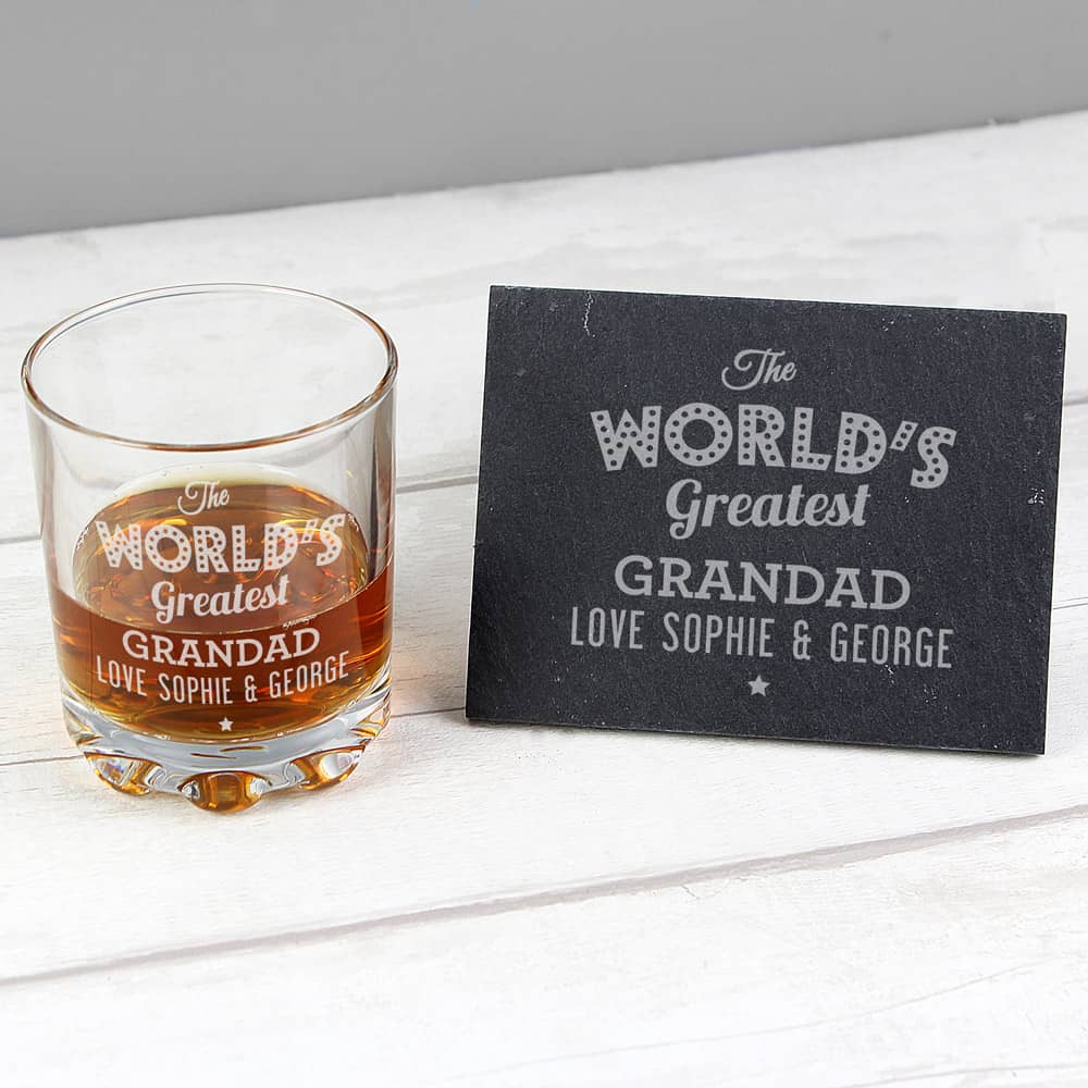 ""The Worlds Greatest"" Whisky Tumbler & Slate Coaster Set