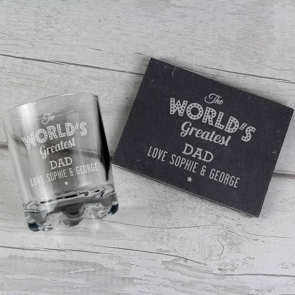 ""The Worlds Greatest"" Whisky Tumbler & Slate Coaster Set