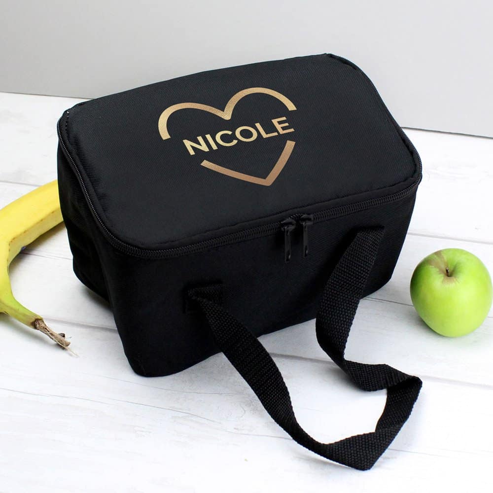 Gold Heart Black Lunch Bag