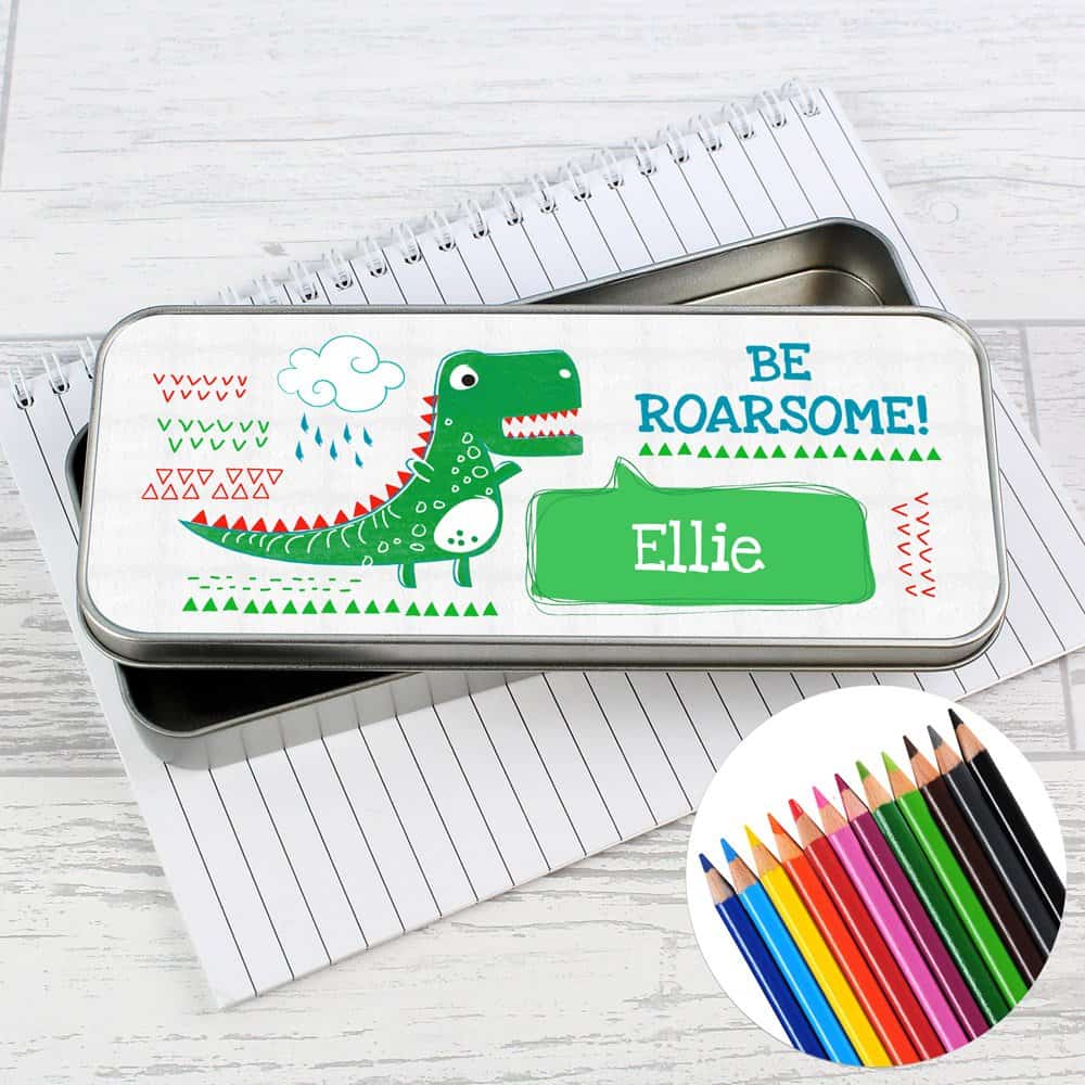 Be Roarsome' Dinosaur Pencil Tin with Pencil Crayons