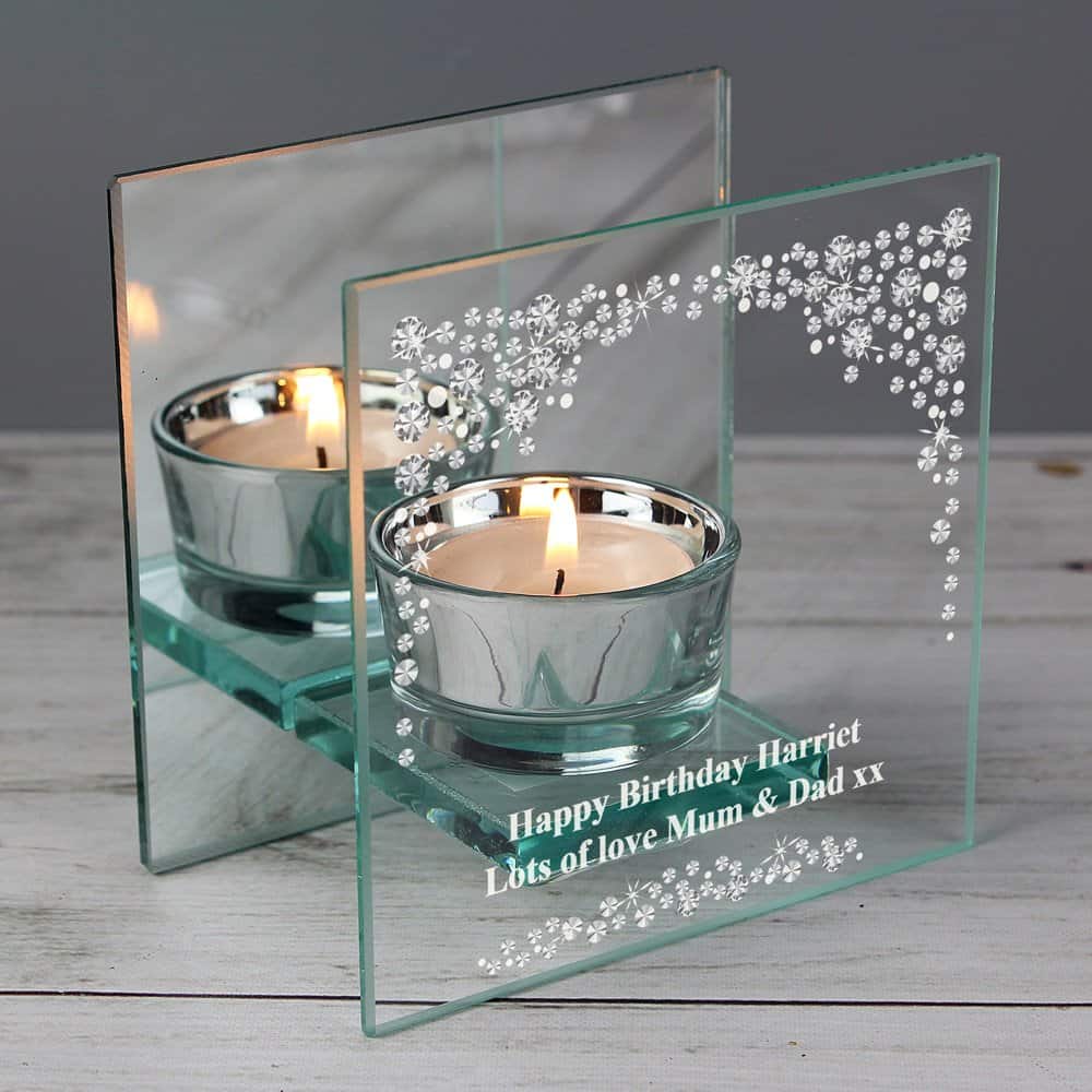 Diamante Mirrored Glass Tea Light Candle Holder