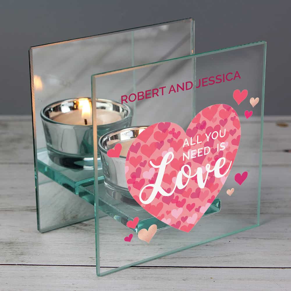All You Need is Love' Confetti Hearts Glass Tea Light Candle Holder