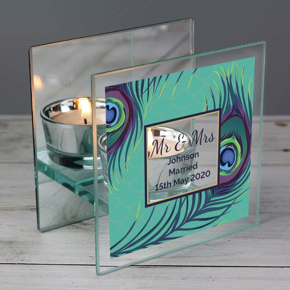Peacock Mirrored Glass Tea Light Candle Holder