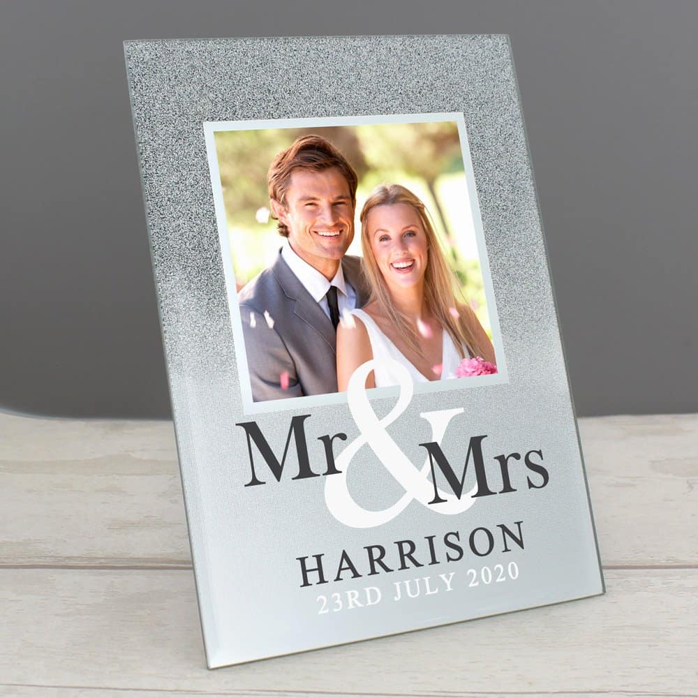 Mr & Mrs 4x4 Glitter Glass Photo Frame