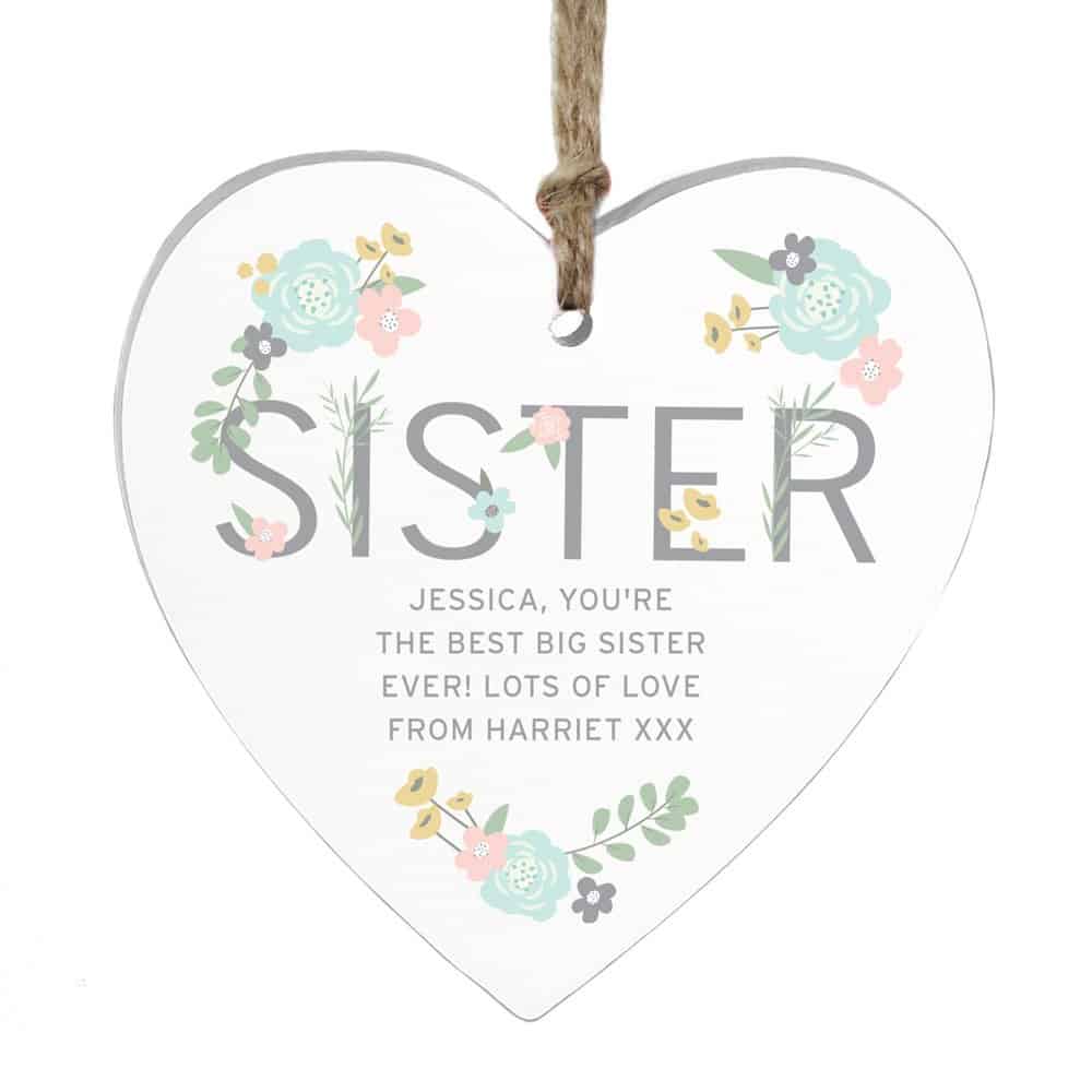 Sister Floral Wooden Heart Decoration
