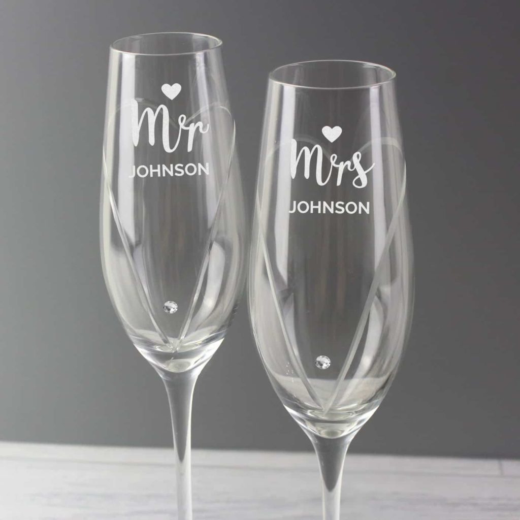 Hand Cut Mr & Mrs Pair of Flutes with Swarovski Elements in Gift Box