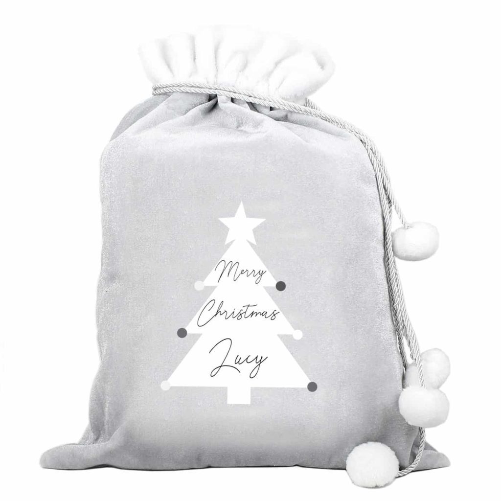 Christmas Tree Luxury Silver Grey Pom Pom Sack