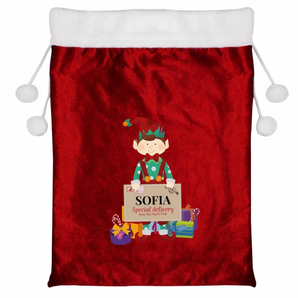 Personalised Christmas Elf Luxury Pom Pom Sack