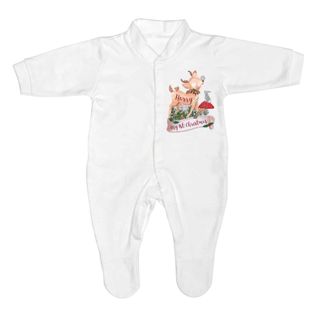 Personalised Festive Fawn 0-3 Months Baby Grown
