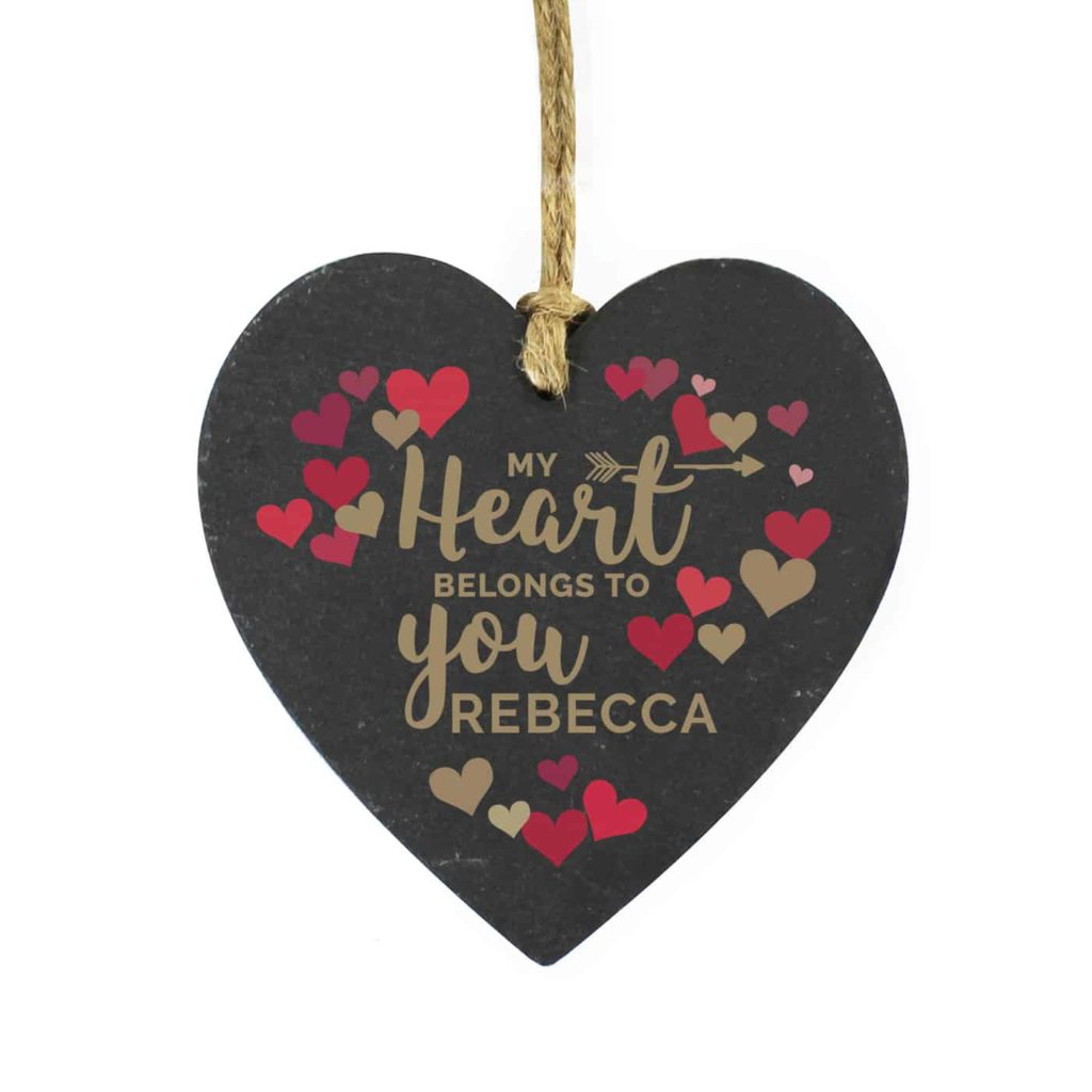 Personalised 'My Heart Belongs To You' Confetti Hearts Printed Slate Heart Decoration