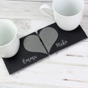 Personalised Two Hearts Slate Coaster Set